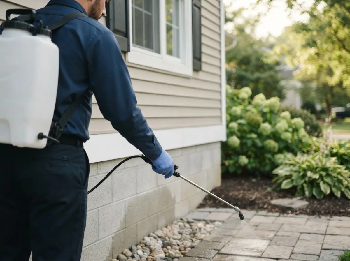 Pest control technician inspecting a home in Colgate, WI